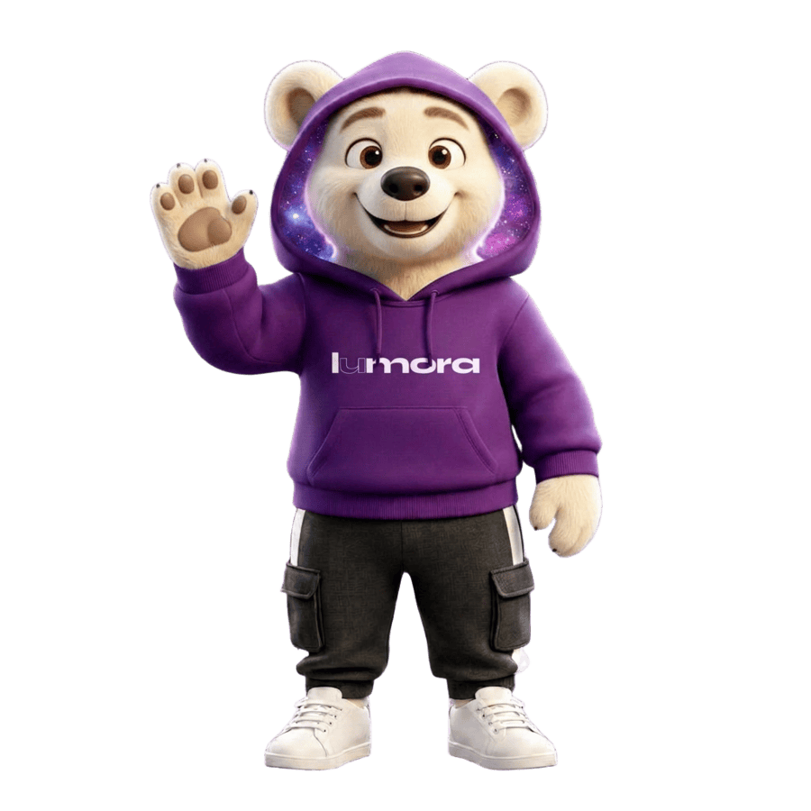 Lumi, the Lumora cosmic bear mascot wearing a violet hoodie